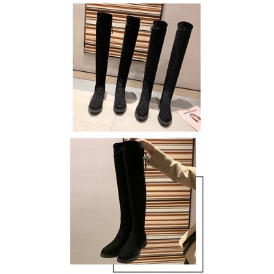 Boots đùi da lộn lót lông gót vuông cao 5cm có dây buộc