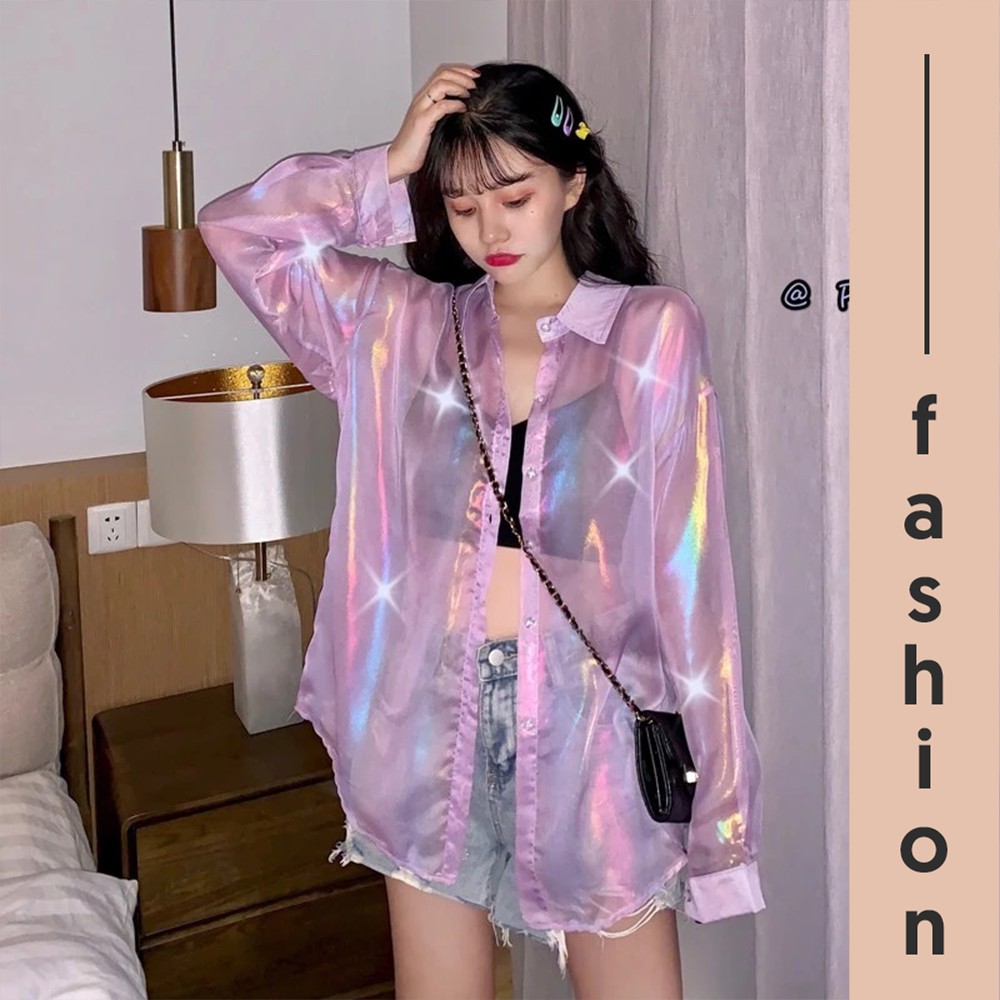 Áo Sơ Mi Khoác Ngoài Cardigan Mỏng Dài Tay Họa Tiết Màu Cầu Vồng Lấp Lánh A00032 | BigBuy360 - bigbuy360.vn