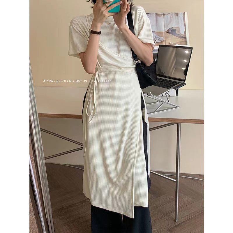 Đầm dài ngắn tay cổ tròn xẻ tà phong cách Hàn Quốc thời trang cho nữ 77
