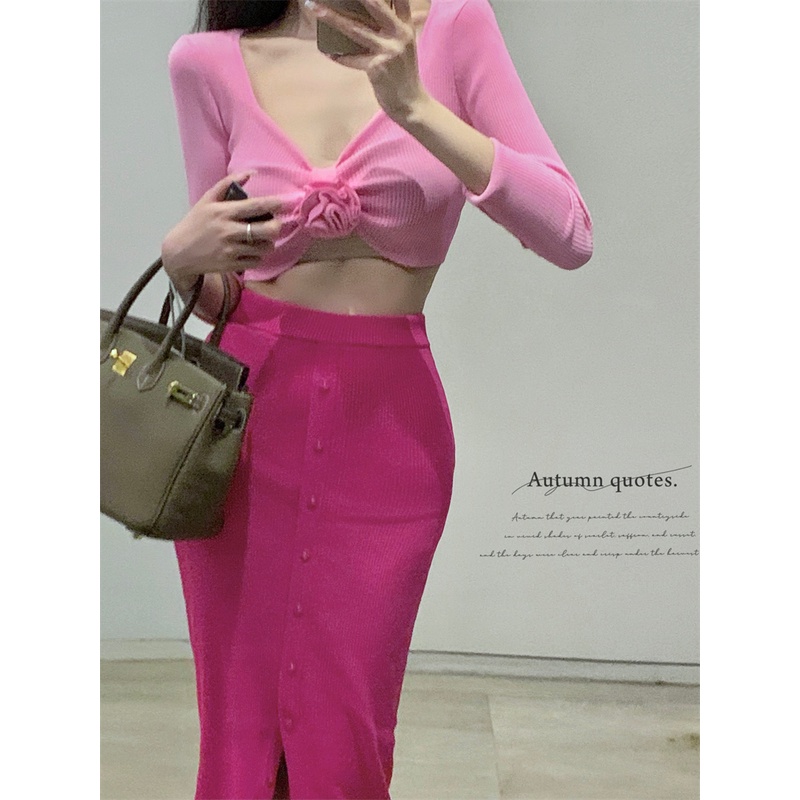 Cocory vn Set Áo Thun Dài Tay Cổ Chữ V + Chân Váy Chữ A Lưng Cao Thời Trang Nữ