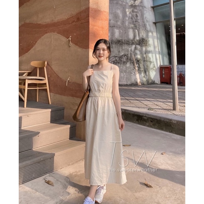 [Ảnh thật/Video]Đầm hai dây thô mềm tôn dáng thiết kế chun eo Váy hai dây chun eo dáng dài