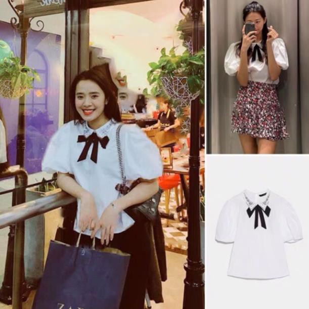 (ORDER) (Ảnh thật) Áo sơmi trắng ZARA tay bồng cổ đính đá thắt nơ hàng xuất xịn