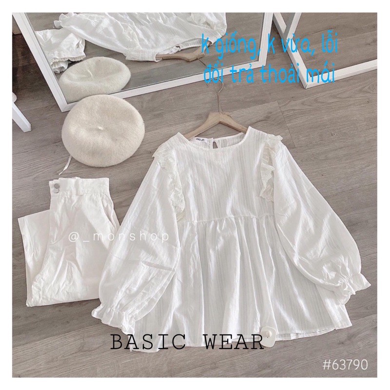 [Ảnh thật] Áo babydoll viền bèo tay bồng sơ mi trắng tiểu thư