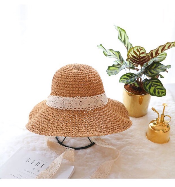 Mũ cói mềm dây ren thắt nơ Nón dây ren phong cách hàn quốc
