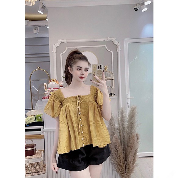 Áo sơ mi cổ vuông cột nơ viền ren khuy ngọc dọc tay cánh tiên 0ASM.00521