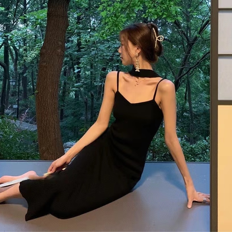 Đầm midi SUXI dệt kim hai dây màu trơn thời trang xuân thu cho nữ