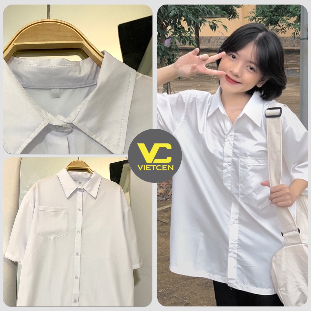 Áo Sơ Mi Trắng Form Rộng Kiểu Dáng Tay Lỡ Học Xinh Chất Thô Cá Tính_VIETCEN