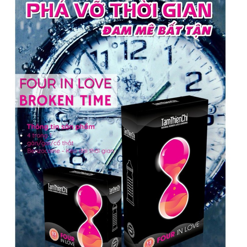 Bao cao su Tâm Thiện Chí Four In Love 4in1, Siêu mỏng cao cấp, có Gân gai, kéo dài thời gian, hộp 12 cái