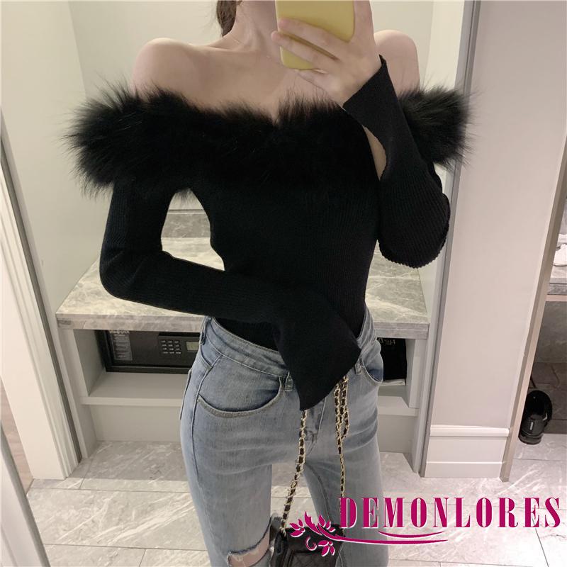 Áo dệt kim tay dài cổ thuyền màu trơn phối lông thời trang cho nữ