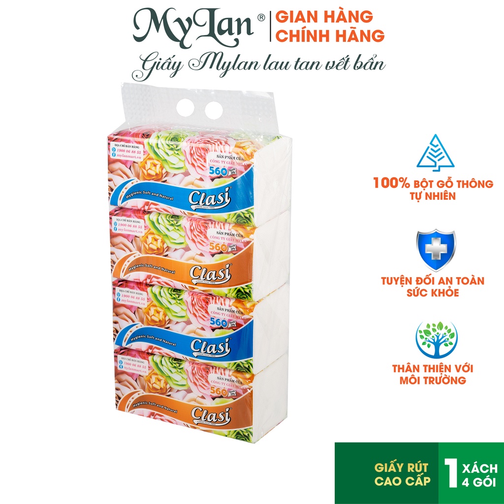 Giấy Rút Lụa Clasi Hoa Hồng Mylan 3 Lớp (560 Tờ/Gói, 4 Gói/Xách) siêu dai, mềm mịn, không tan trong nước