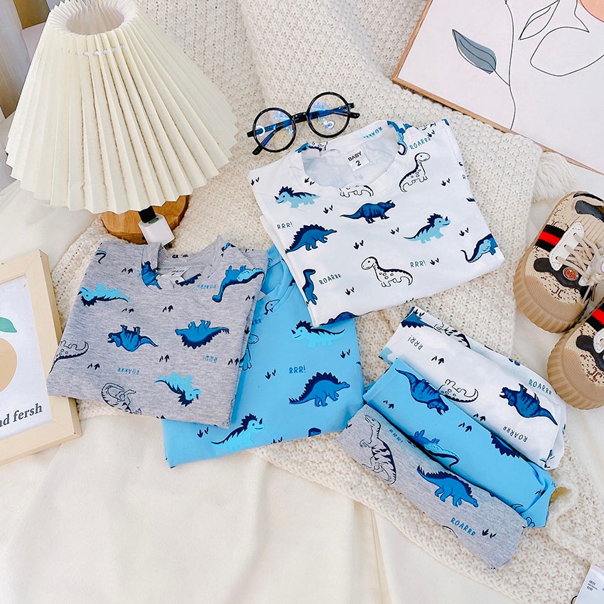 Bộ Quần Áo Trẻ Em Cộc Tay In Nhiều Hình Khủng Long Vải Cotton Thấm Mồ Hôi Cho Bé Trai Từ 7-19kg Mã CT54