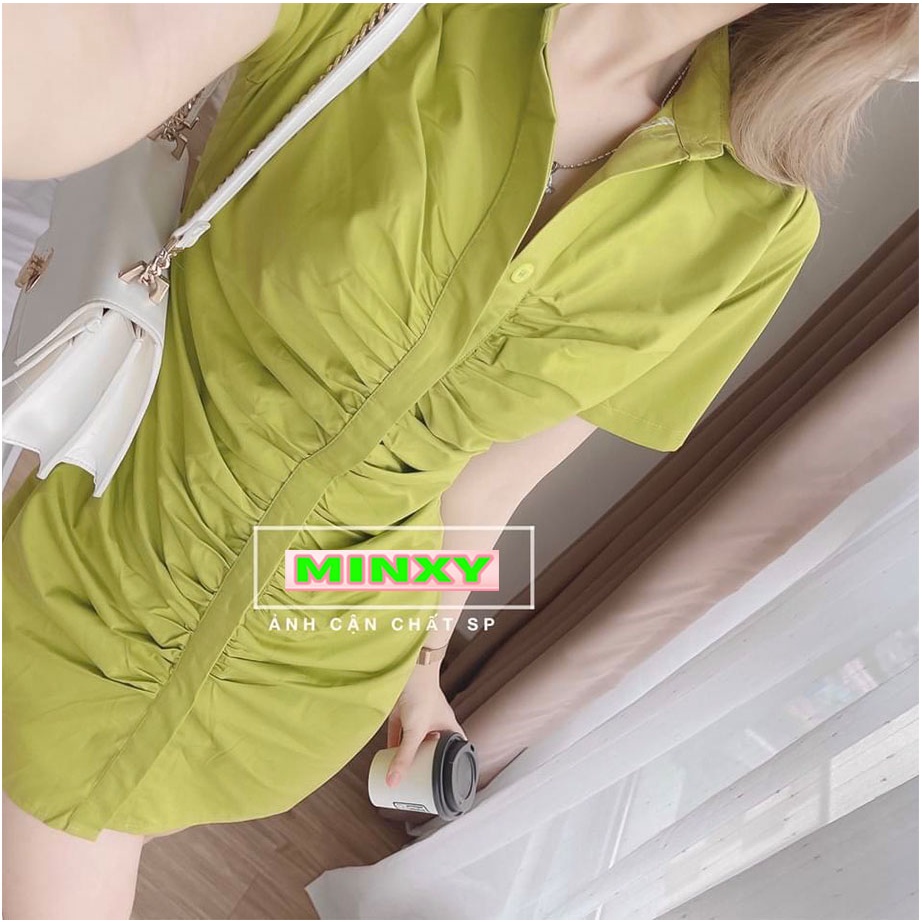 Váy sơ mi dúm trước đầm nhún cổ somi 2 màu -MINXY SHOP