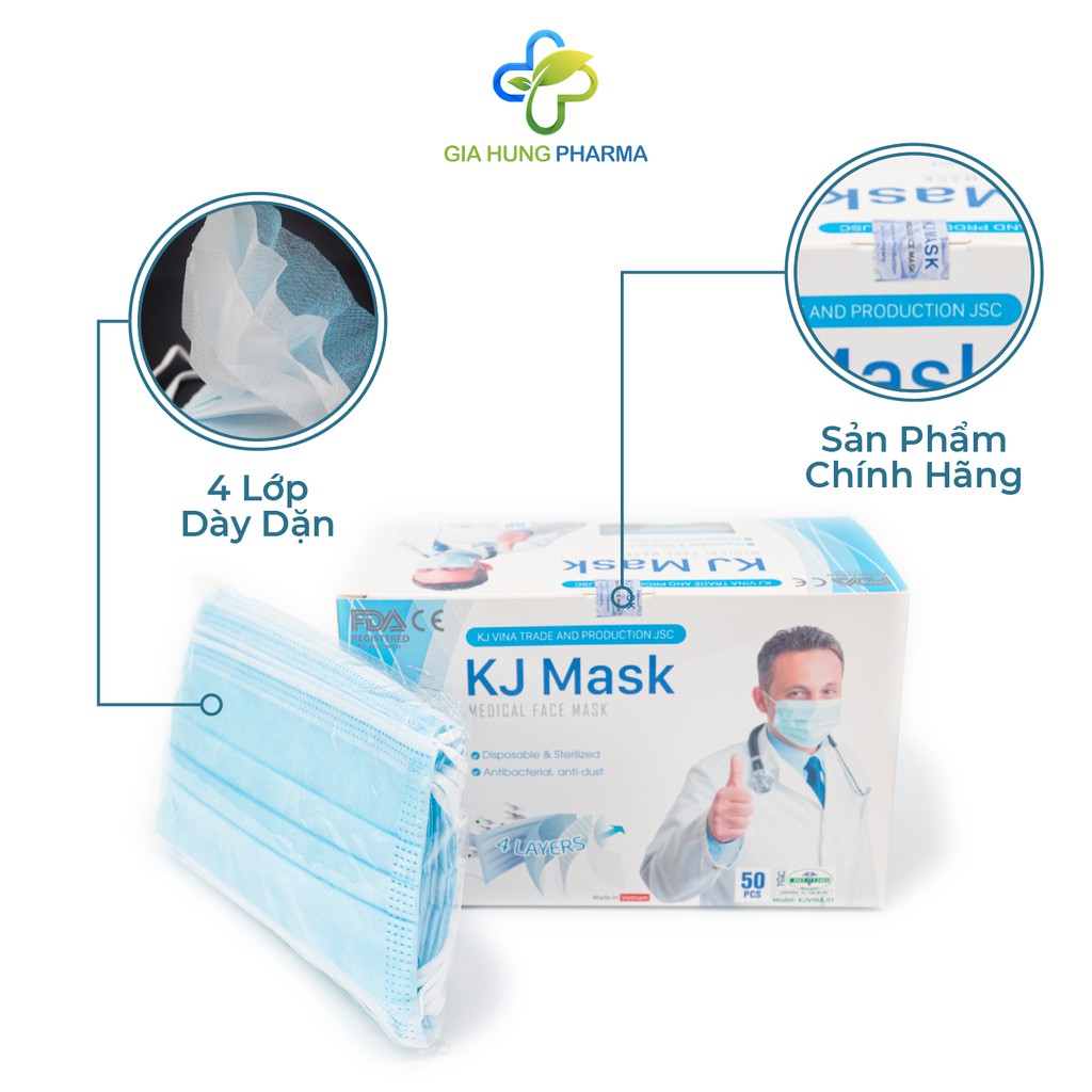 Khẩu Trang Y Tế 4 Lớp KJMASK Kháng Khuẩn Cao Cấp (Cho Da Nhạy Cảm) - Túi 10 Cái