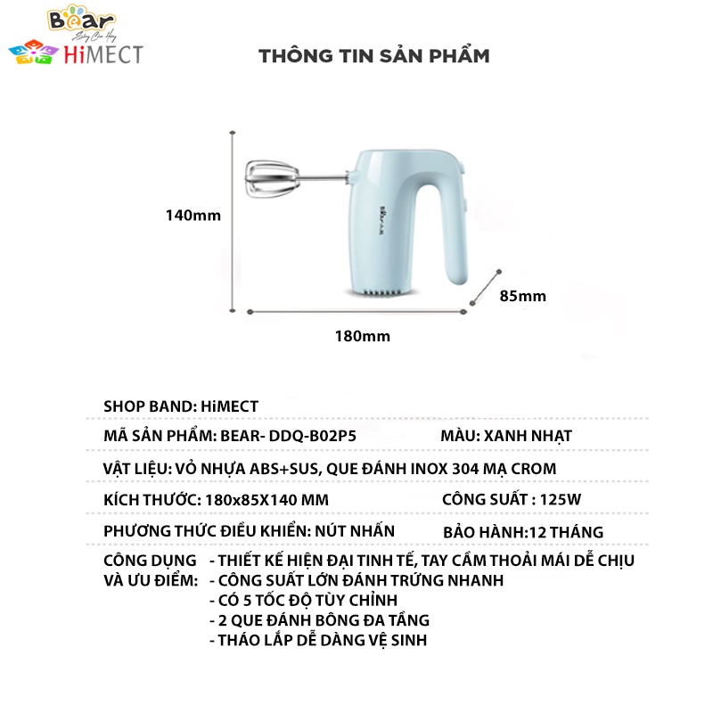 Máy đánh trứng cầm tay Bear, 5 tốc độ, CS 125W - HiMect