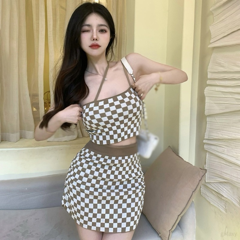 Set Áo Croptop 2 Dây + Chân Váy Dệt Kim Lưng Cao Phong Cách Hàn Quốc Thời Trang Cho Nữ