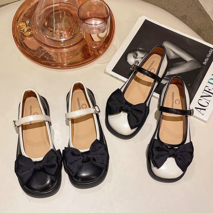 [Freeship] Giày búp bê nữ đính NƠ vải đế bệt, chất da mềm, giày lolita phong cách cổ điển
