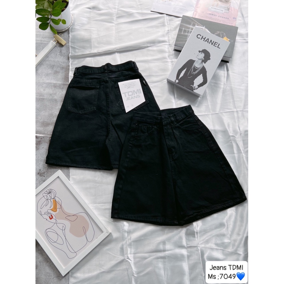 Quần short lửng ngố bò jean nữ lưng cao ống rộng chất trơn mềm