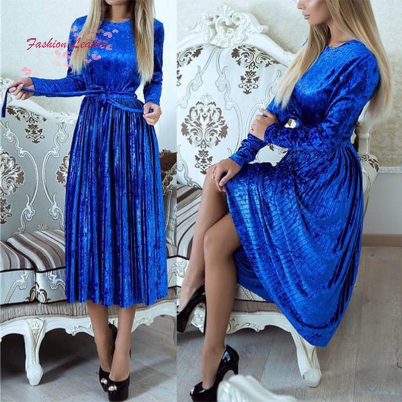 Đầm nhung cổ tròn tay dài phối dây cột thắt lưng thời trang cho nữ | BigBuy360 - bigbuy360.vn