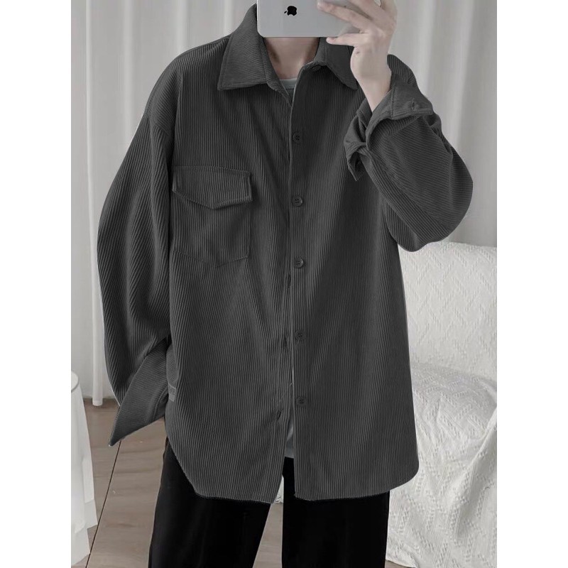 Áo Sơ Mi Tay Dài Unisex Màu Đen chất vải Nhung Gân BC019 | BigBuy360 - bigbuy360.vn