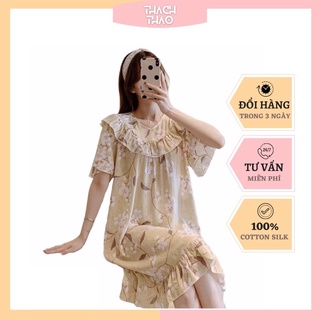 Váy ngủ lanh lụa⚡CÓ SIZE⚡️QCCC Đầm mặc nhà cotton lanh lụa phối bèo mát mẻ mùa hè bầu và sau sinh