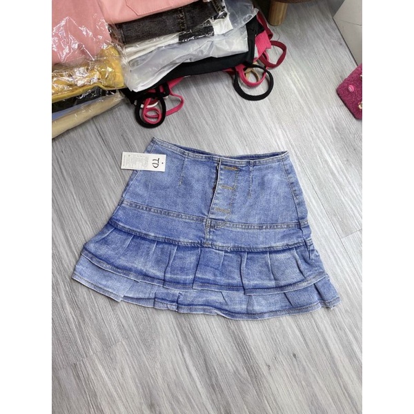 váy jean xòe xếp ly 2 tầng
