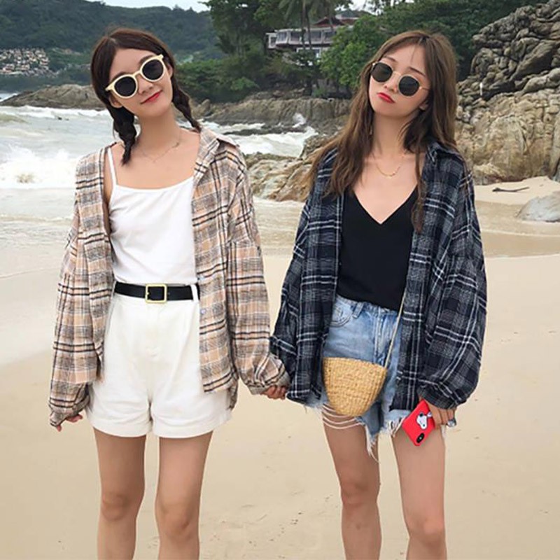 Áo sơ mi caro tay dài phong cách Hàn Quốc cho nữ