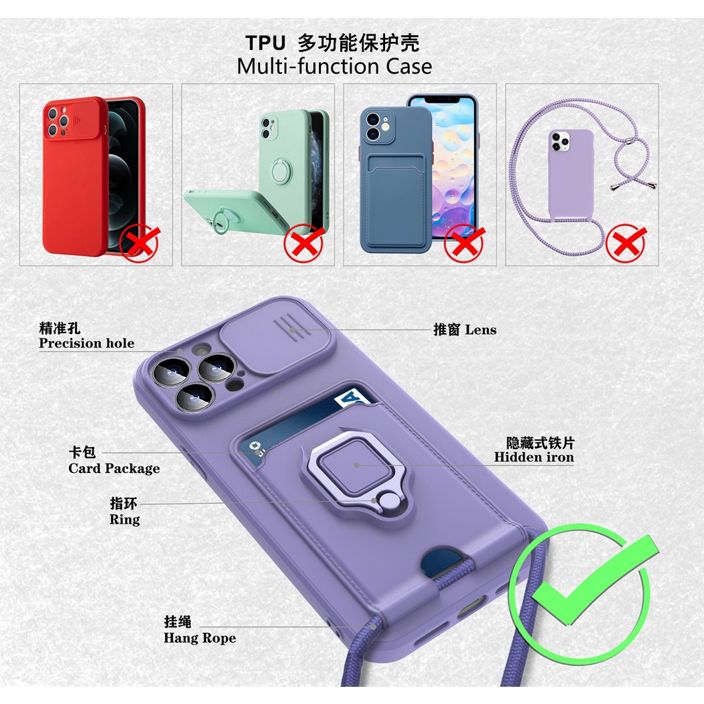 Ốp điện thoại ngăn đựng thẻ tấm trượt lens camera + dây đeo thích hợp cho iPhone 11 Pro Max 7 8 6s Plus X XS XR Max