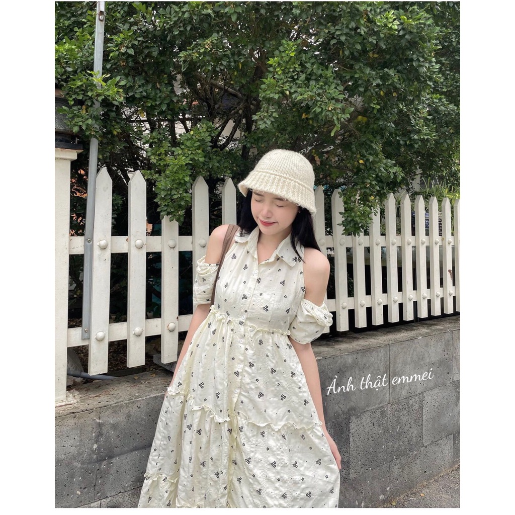 Đầm babydoll khoét vai dáng dài hoa đen nhỏ dễ thương Emmei - v165