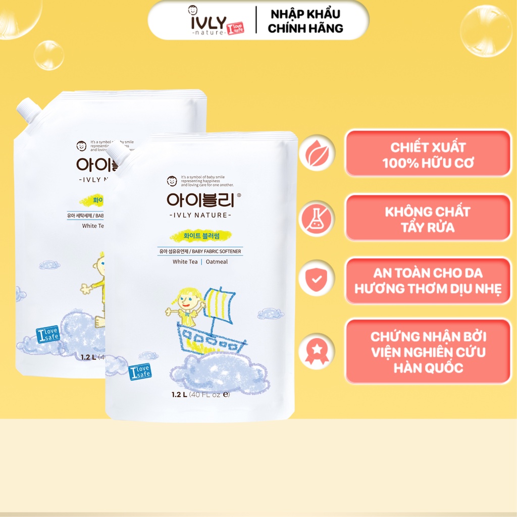 Nước giặt quần áo cho trẻ sơ sinh Hàn Quốc IVLY NATURE hương hoa trà trắng 1200ml, an toàn cho làn da ivly007