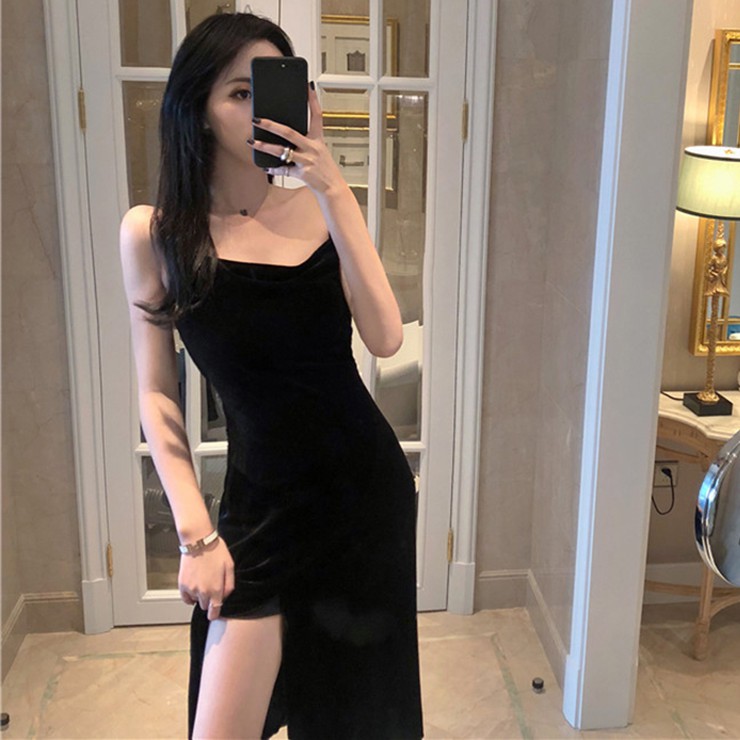 Xiaozhainv Đầm Nhung Hai Dây Xẻ Tà Gợi Cảm Thời Trang Hàn Quốc | BigBuy360 - bigbuy360.vn