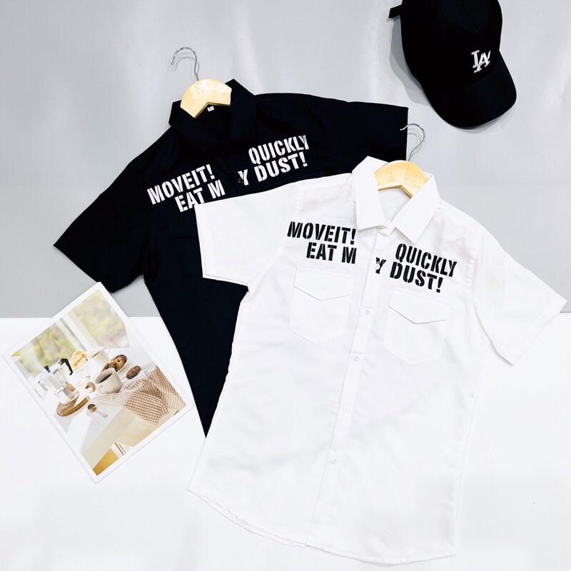 Áo sơ mi nam nữ 3D ngắn tay, chất vải lụa kate in chữ MOVEIT QUICKLY EAT MY DUST phối túi 2 bên phong cách thời trang
