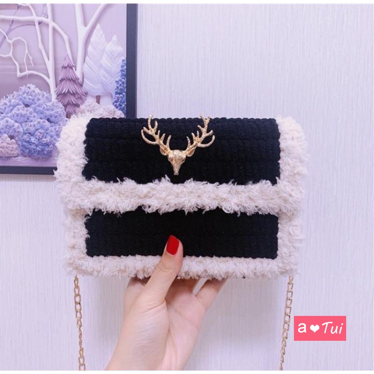 Túi handmade tự đan len viền xù sừng hưu