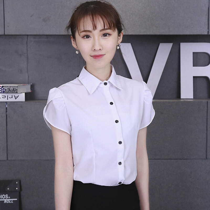 Women Fashion  Short Sleeve OL Blouses Chiffon White Shirts Office Work Wear Top