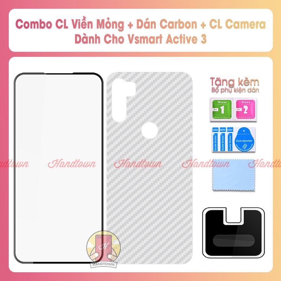 Combo Kính cường lực viền mỏng, cường lực camera và miếng dán lưng cacbon cho Vsmart Active 3