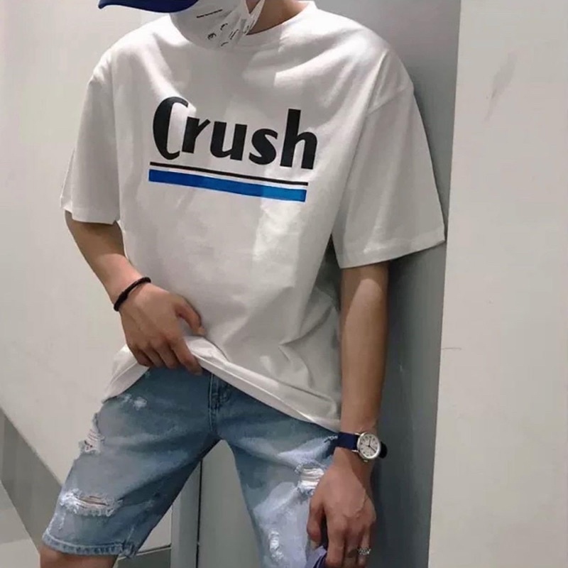 Áo thun tay lỡ nam nữ,in chữ Crush màu trắng