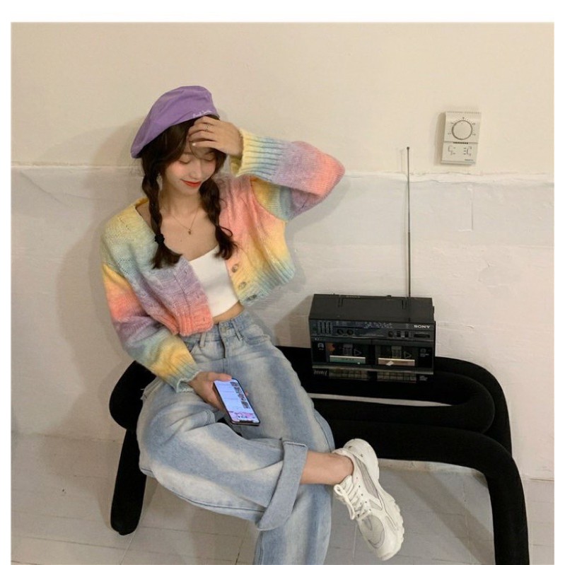 JISOO BLACKPINK Áo croptop len tay dài màu rainbow cầu vồng phong cách ulzzang SAM SAM BOUTIQUE | BigBuy360 - bigbuy360.vn