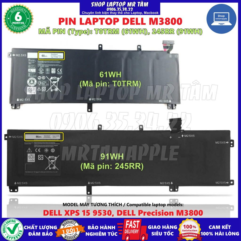 (BATTERY) PIN LAPTOP DELL M3800 (ZIN) - 4 CELL / 6 CELL - XPS 15 9530 Precision M3800 T0TRM 245RR 0H76MY H76MV Y758W