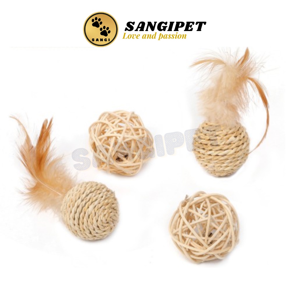 Đồ Chơi Mèo Dạng Quả Cầu Mây, Bộ 2 Quả Cầu Đan Mây Kèm Lục Lạc