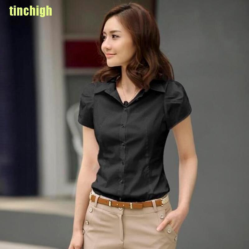 [Tinchigh] Women Fashion  Short Sleeve Ol Blouses Chiffon White Shirts Office Work Wear Top [Tin]