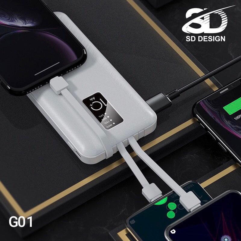 Sạc Dự Phòng Mini 10.000 mAh Tích Hợp 4 Cáp Chính Hãng SD Design G01 Cho iPhone Samsung Xiaomi Oppo Huawei