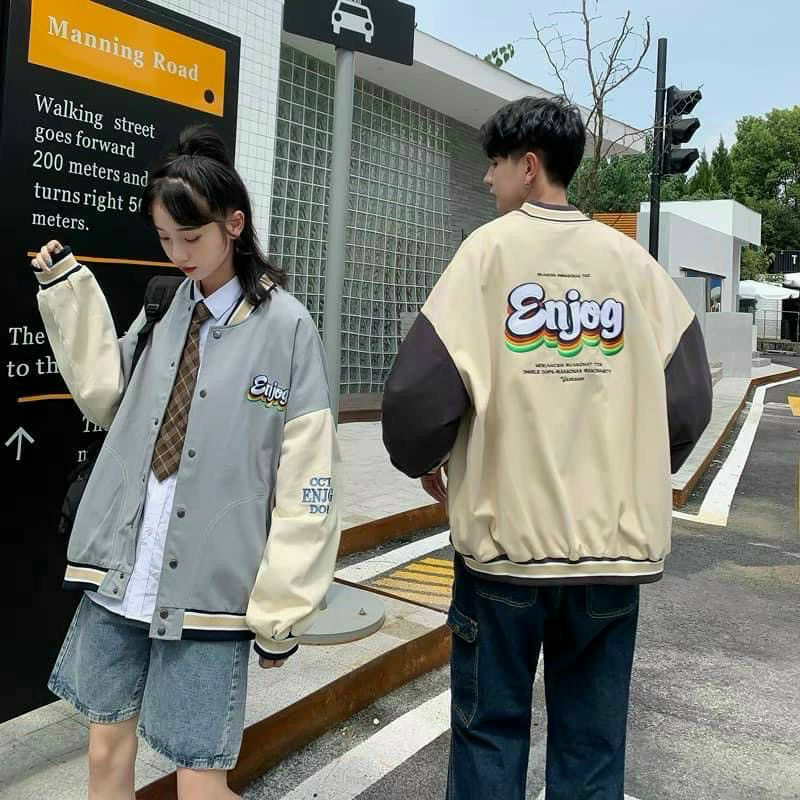 áo khoác bomber cặp đôi nam nữ tay phối in chữ Enjog