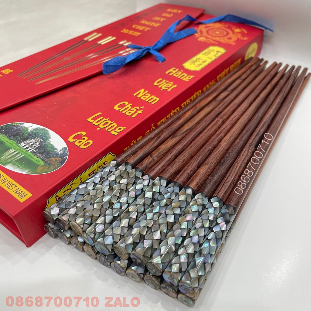 Bộ 10 Đôi Đũa ăn gỗ Cẩm Lai tự nhiên cao cấp đầu gắn ốc biển nhiều sắc màu -- đóng hộp cao cấp