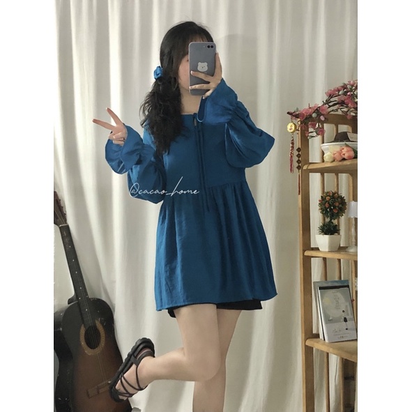 Áo babydoll tay phồng dài, cổ thắt nơ siêu xinh cùng quần short cạp chun tặng kèm scrunchie cùng màu