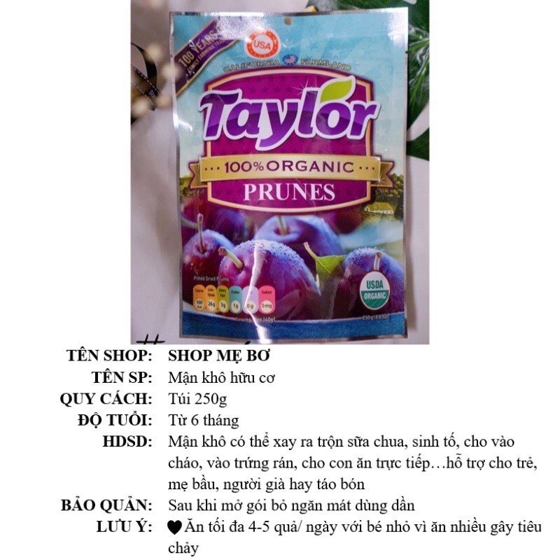 [Mã GROSALEHOT giảm 8% đơn 250K] [TAYLOR] MẬN KHÔ HỮU CƠ TAYLOR 250g