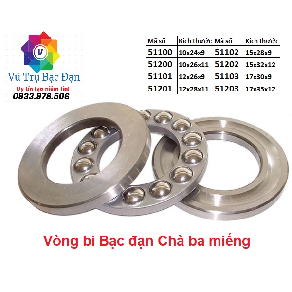 Vòng bi Bạc đạn 51100, 51200, 51101, 51201, 51102, 51202, 51103, 51203 (Chà bi tròn 3 miếng/ Vòng bi Chặn) TQ