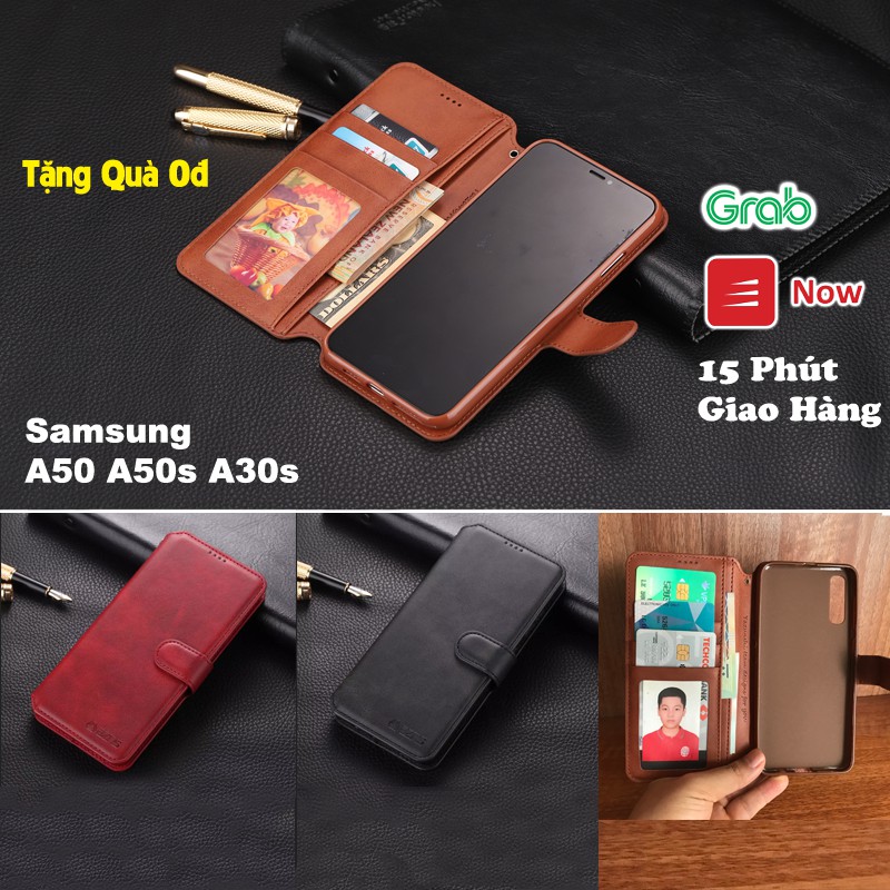 Bao da ốp lưng điện thoại Samsung A50/A50s/A30s kèm ví gập nắp da thật  mềm mịn - azns