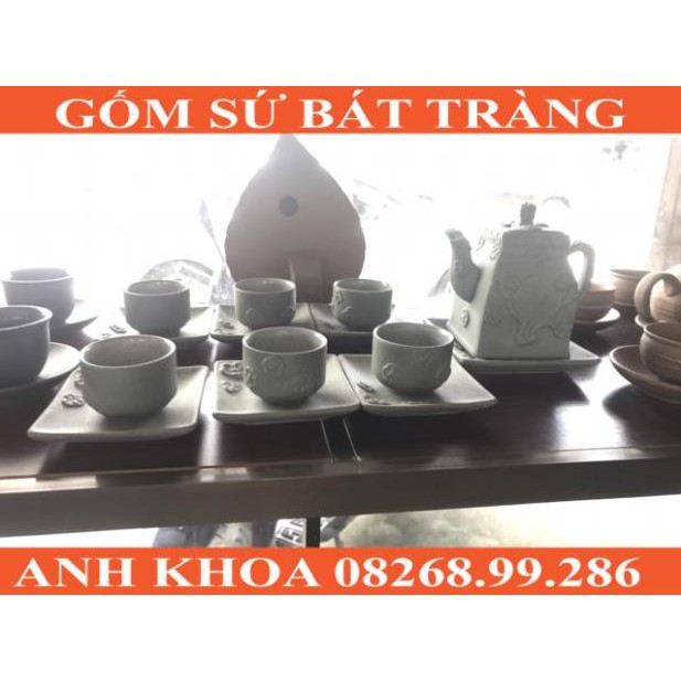 Ấm chén hồng sa khắc hoa Bát Tràng - Gốm sứ Bát Tràng Anh Khoa