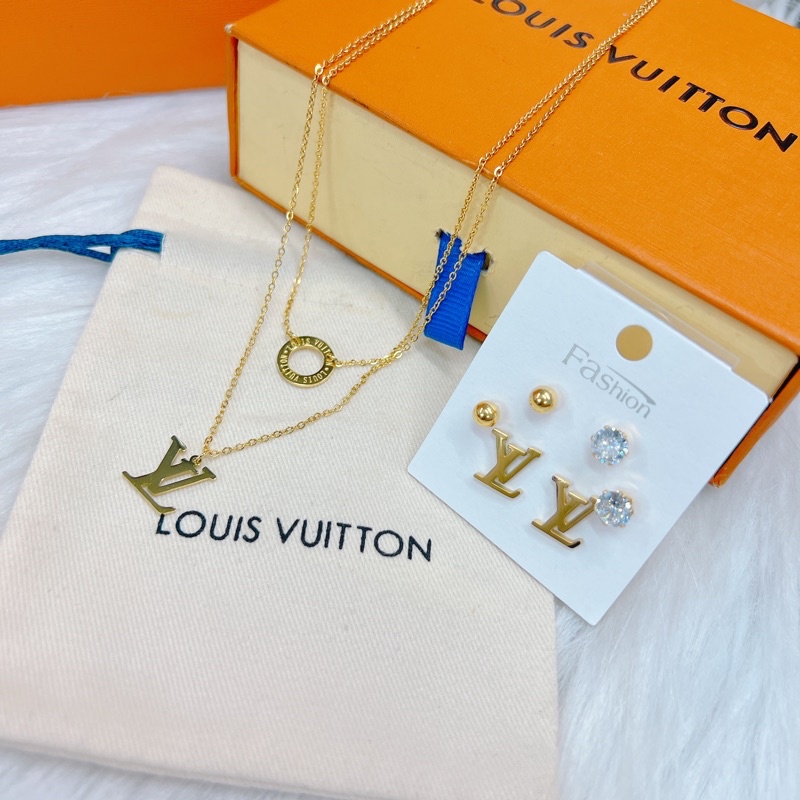 Dây chuyền + bông tai titan Lv mạ vàng ko đen