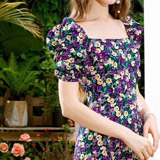 [Kèm Video SP] Váy Nữ Cao Cấp Hoa Nhí Cổ Vuông Tay Bồng Sẻ Đùi Kiểu Dáng Hiện Đại Thời Trang Sugal VAY NU 0026V3