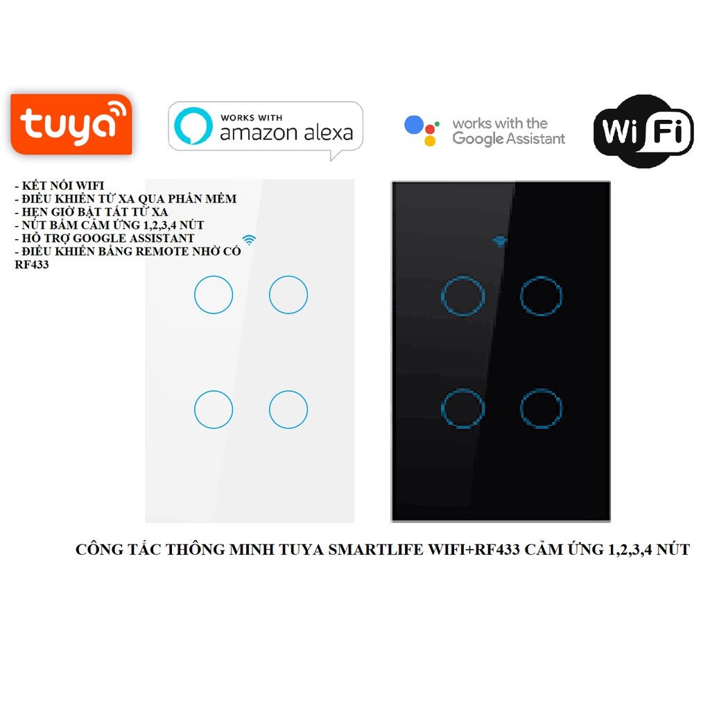 Công Tắc Wifi Tuya Smart Life  4 Nút Chữ Nhật Cảm Ứng mặt kính 4 nút cho nhà thông minh